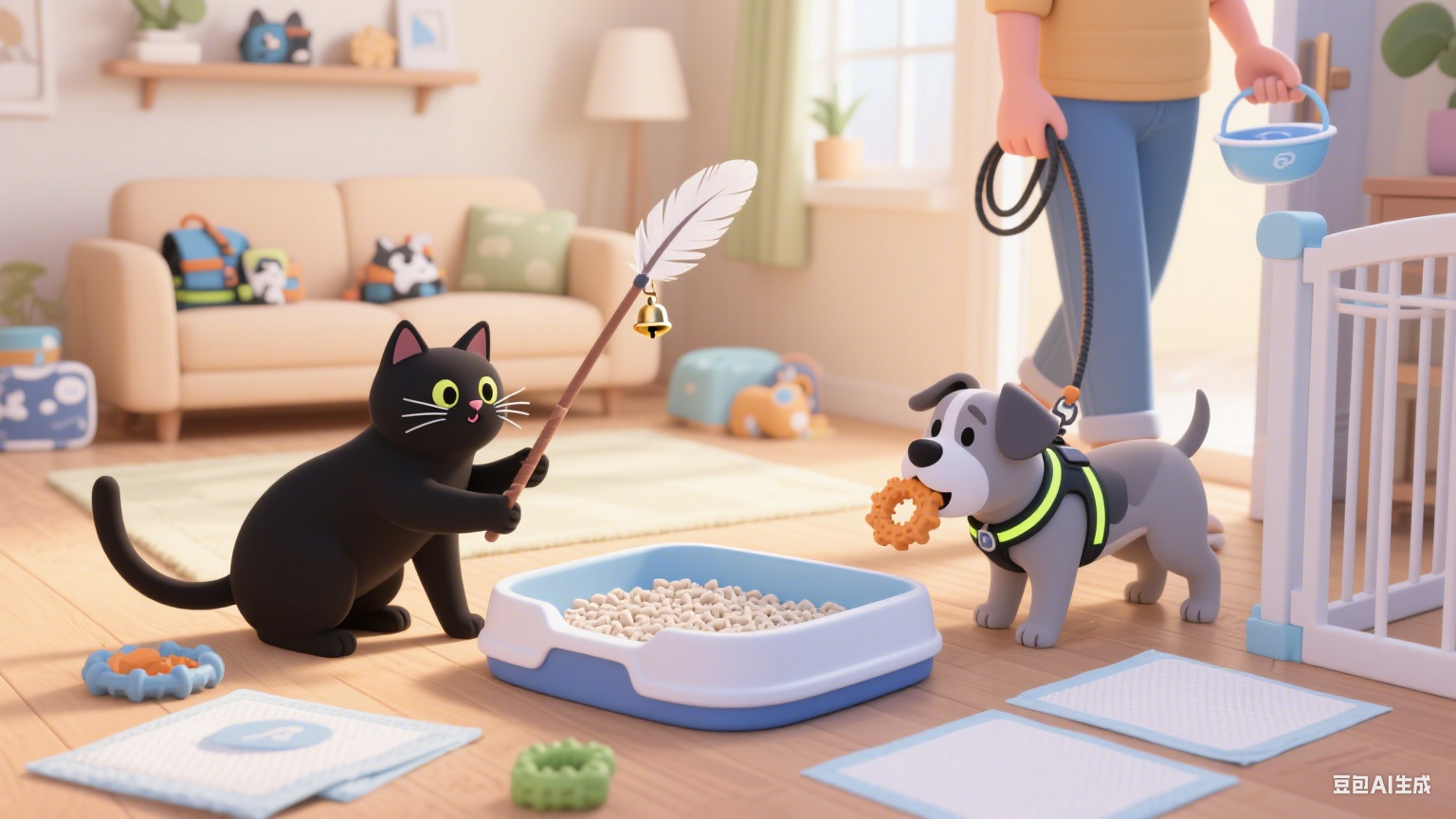 a cartoon cat and dog with a feather and a toy